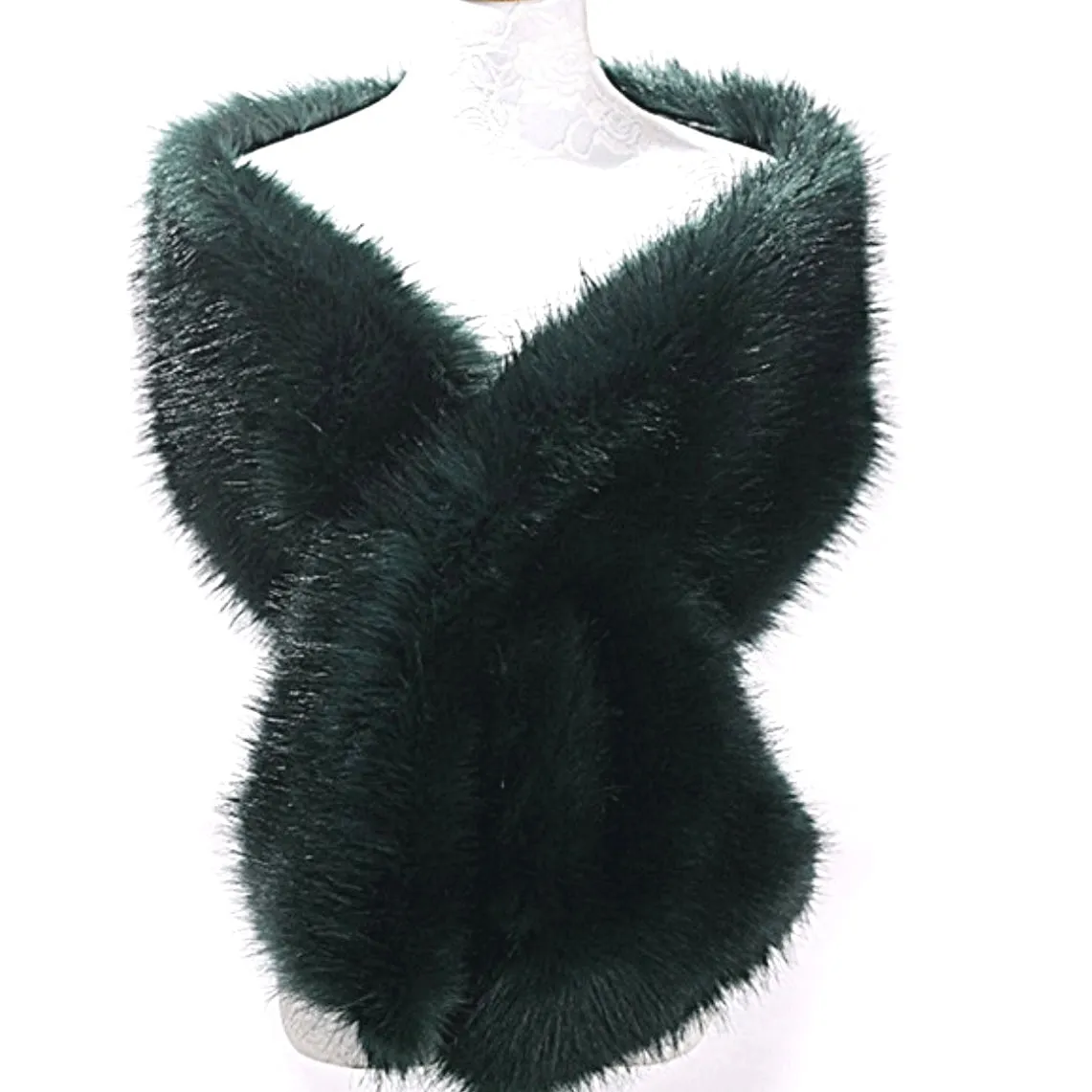 Great Gatsby 1920's Bridal Wedding Faux Fur Shawl Wrap - Dark Green