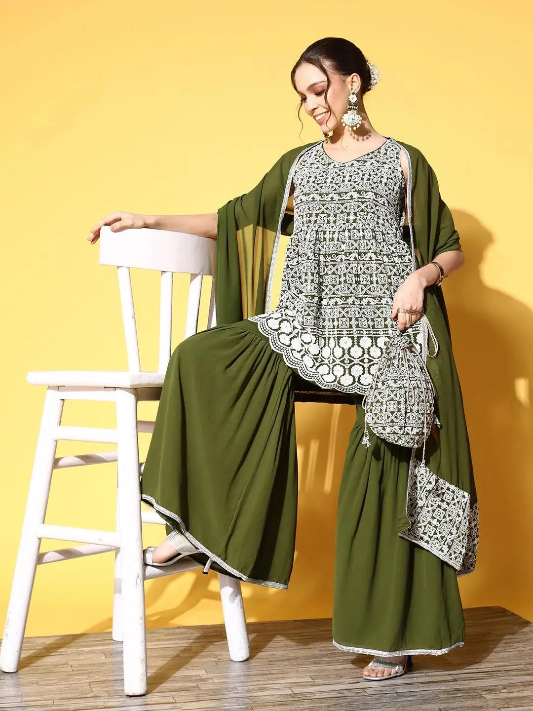 Green Embroidered Georgette Anarkali Kurta With Sharara & Dupatta