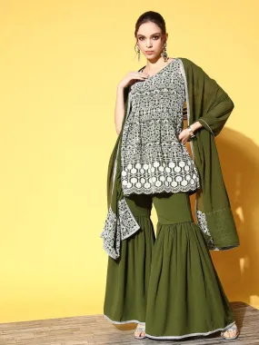 Green Embroidered Georgette Anarkali Kurta With Sharara & Dupatta