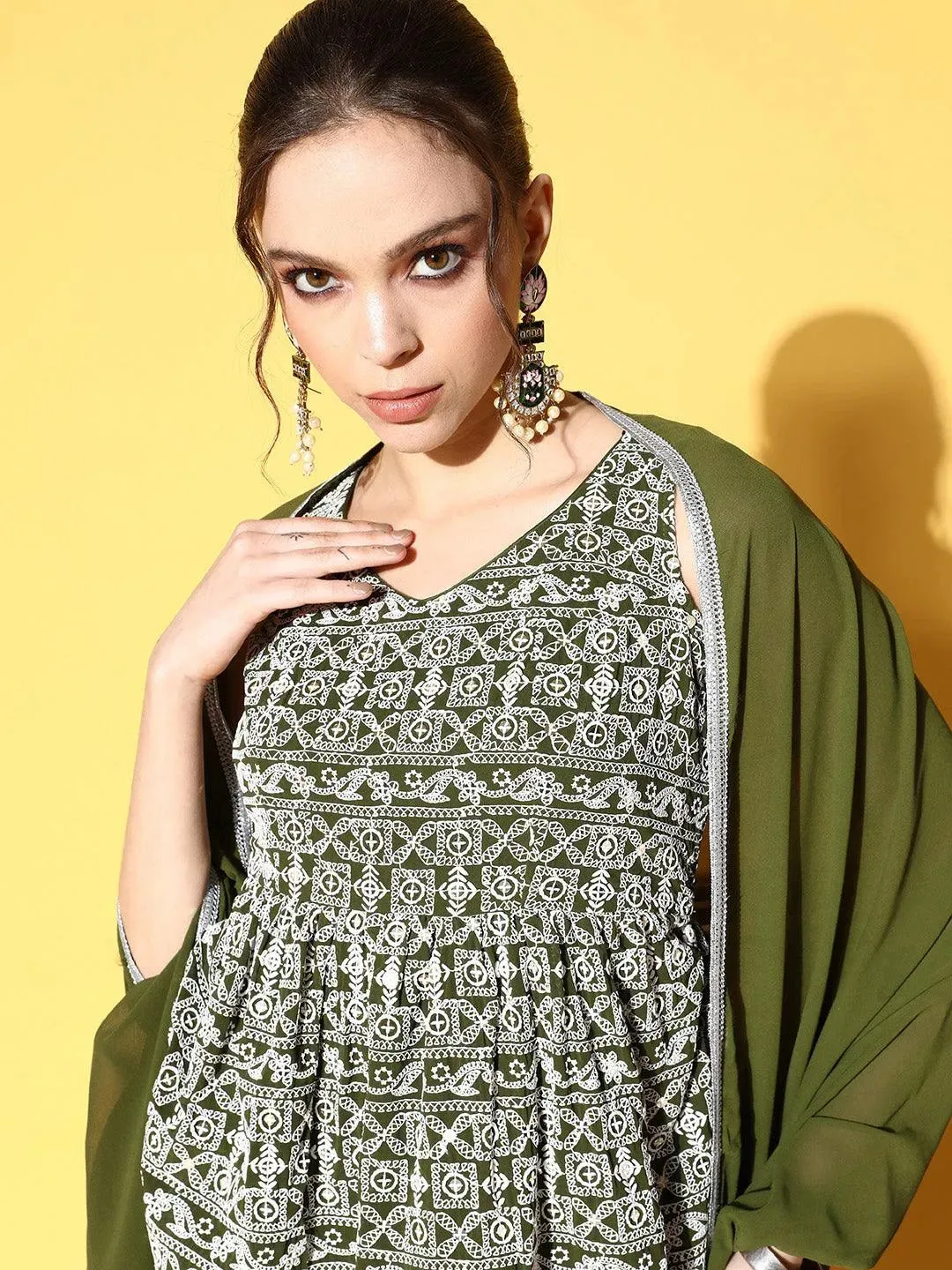 Green Embroidered Georgette Anarkali Kurta With Sharara & Dupatta