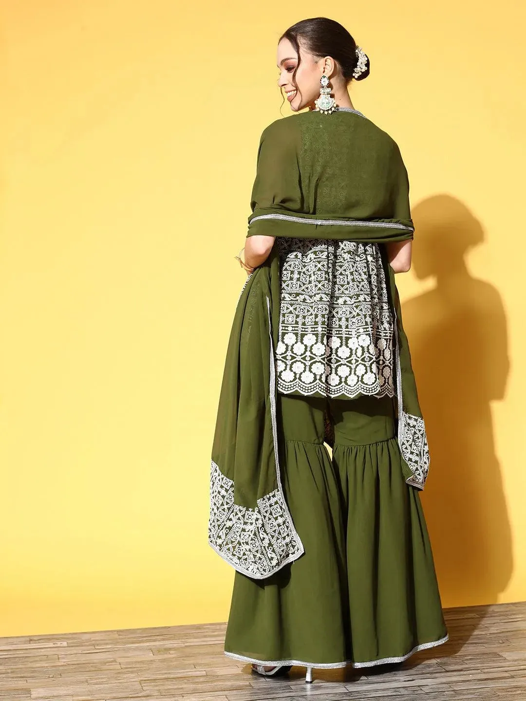 Green Embroidered Georgette Anarkali Kurta With Sharara & Dupatta