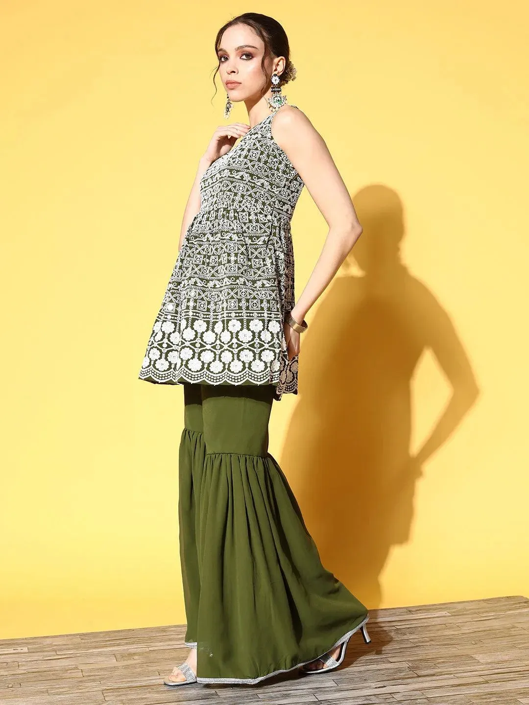 Green Embroidered Georgette Anarkali Kurta With Sharara & Dupatta