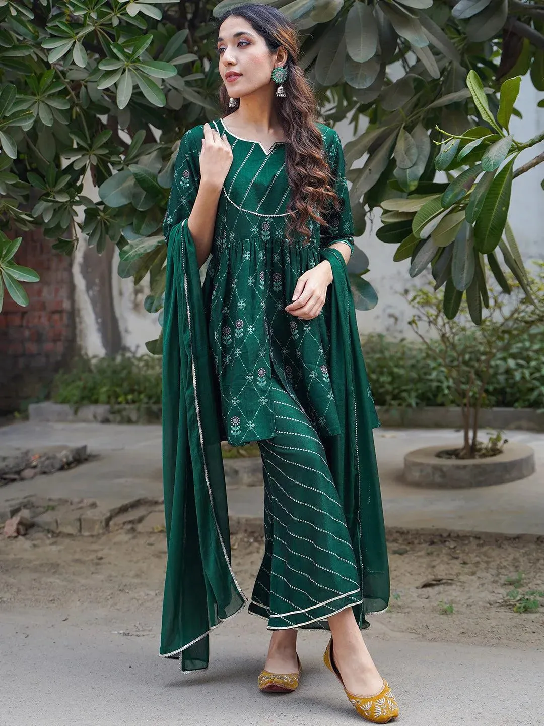 Green Printed Silk Blend A-Line Kurta With Palazzos & Dupatta