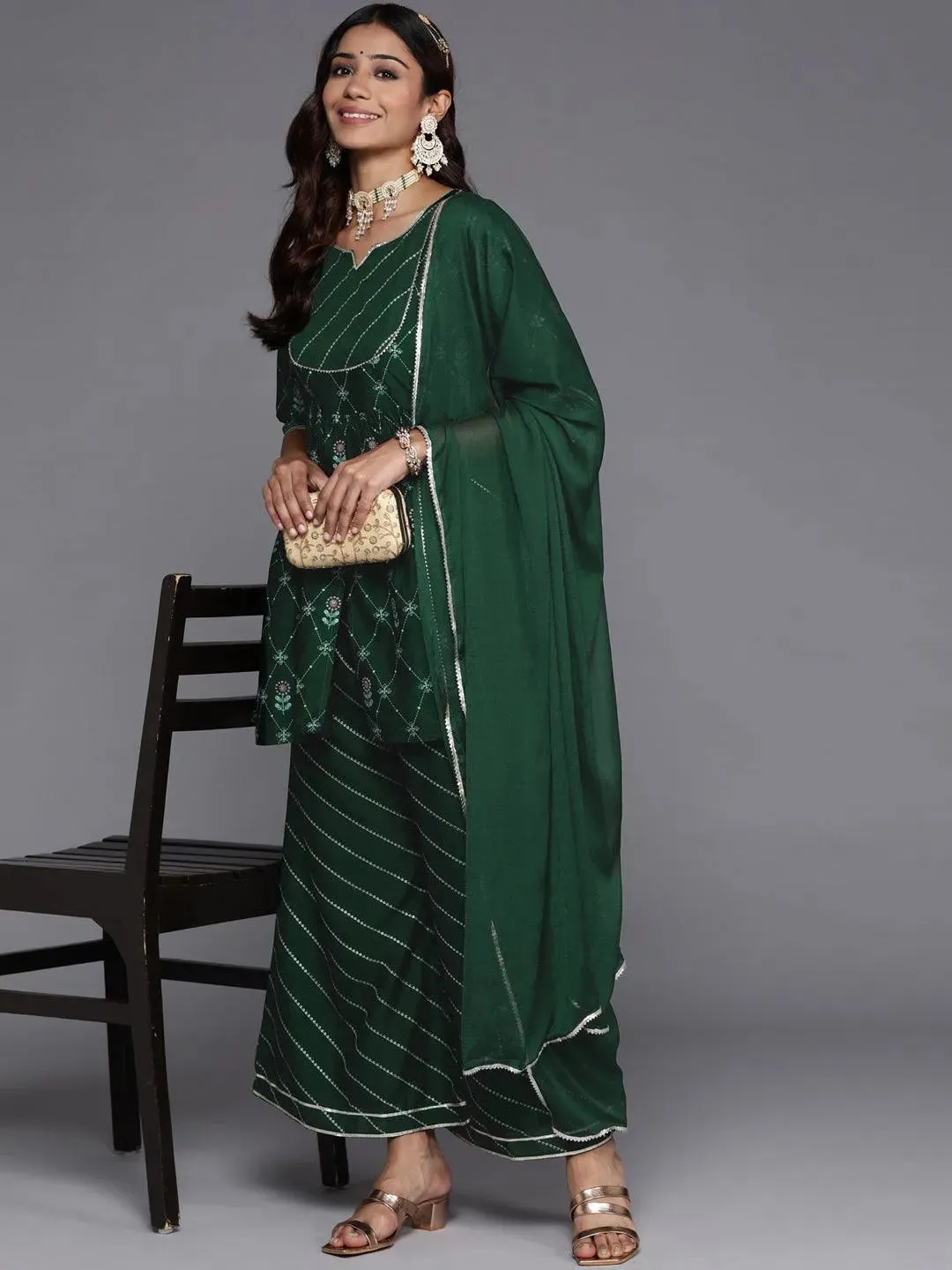 Green Printed Silk Blend A-Line Kurta With Palazzos & Dupatta