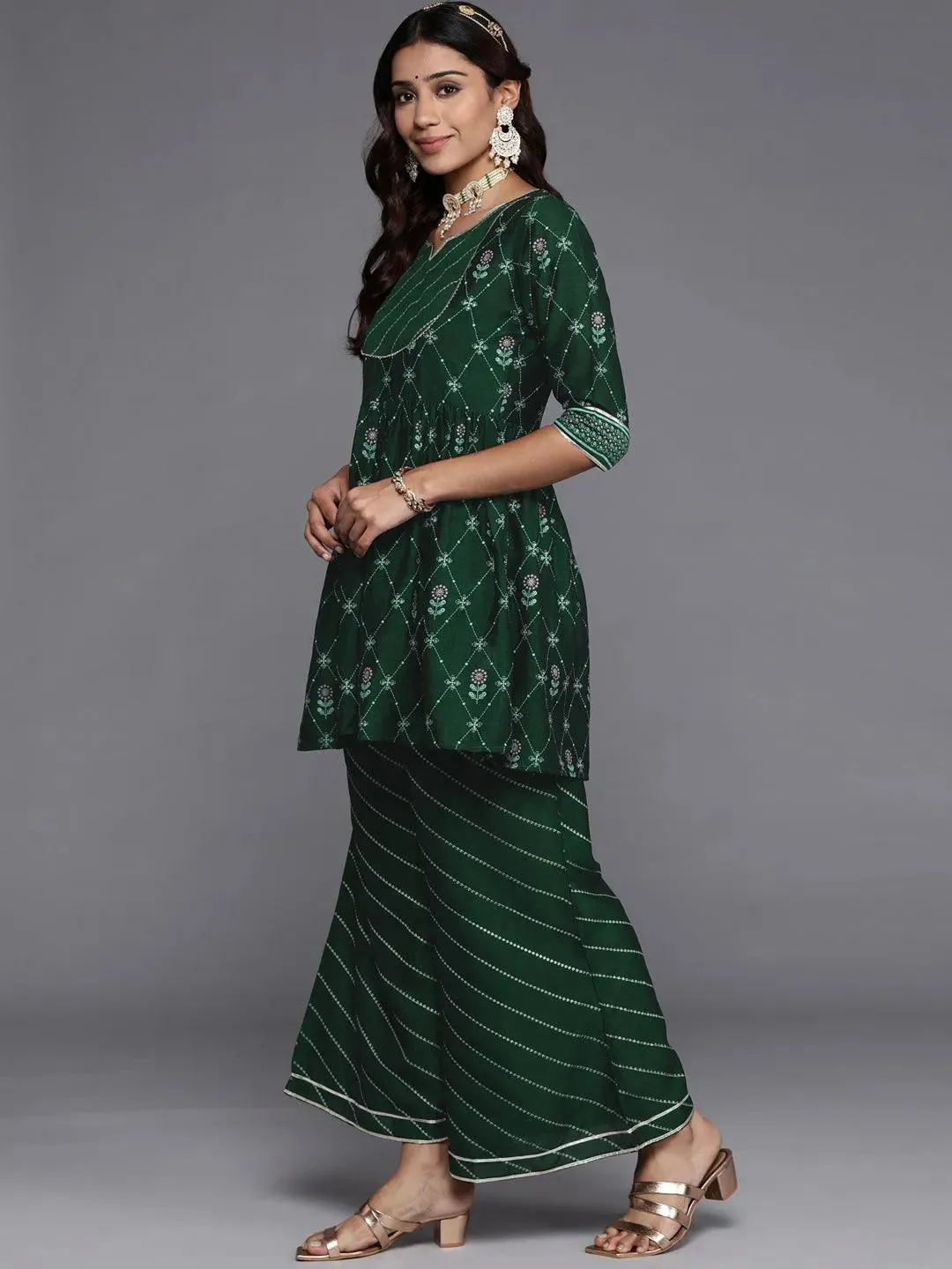 Green Printed Silk Blend A-Line Kurta With Palazzos & Dupatta