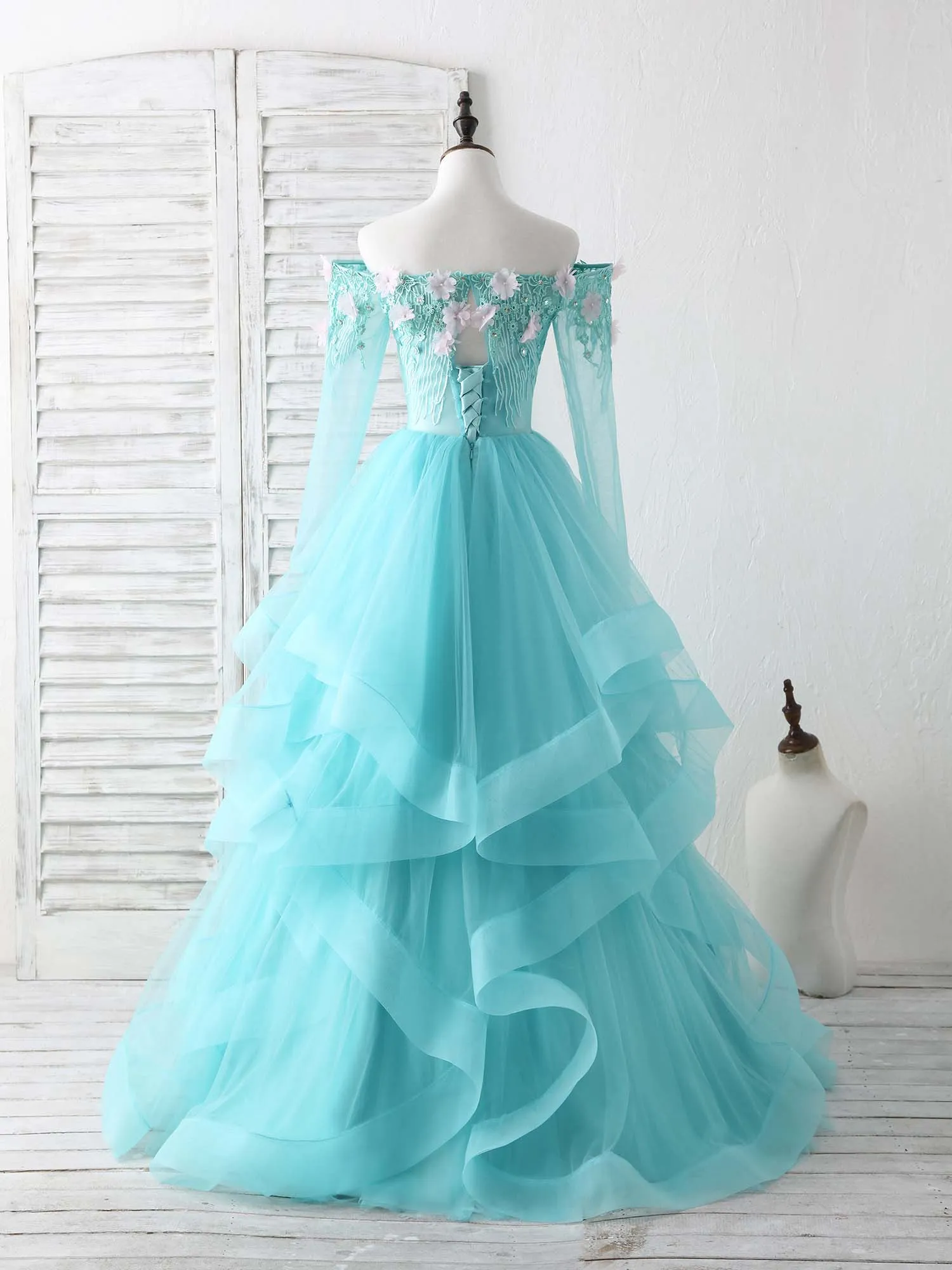 Green Tulle Lace Applique Long Prom Dress Green Graduation Dresses