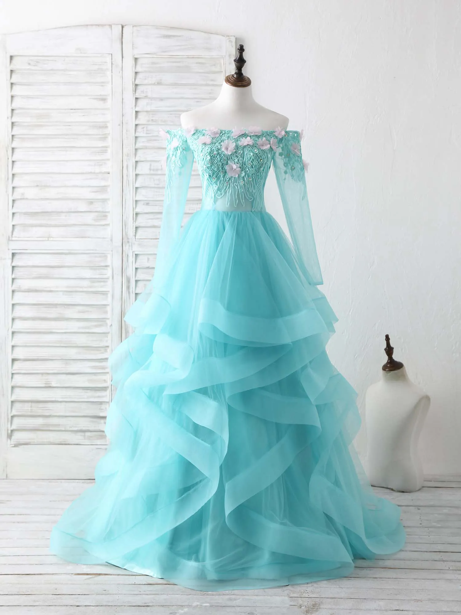 Green Tulle Lace Applique Long Prom Dress Green Graduation Dresses