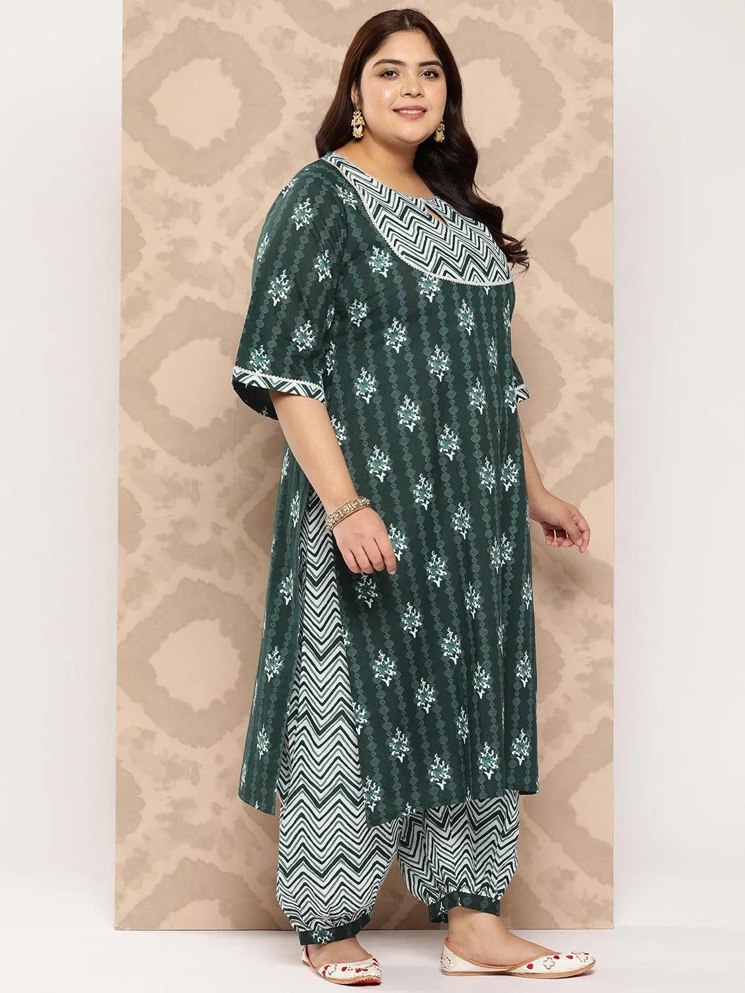 Green Yoke Design Cotton Straight Kurta With Salwar and Dupatta