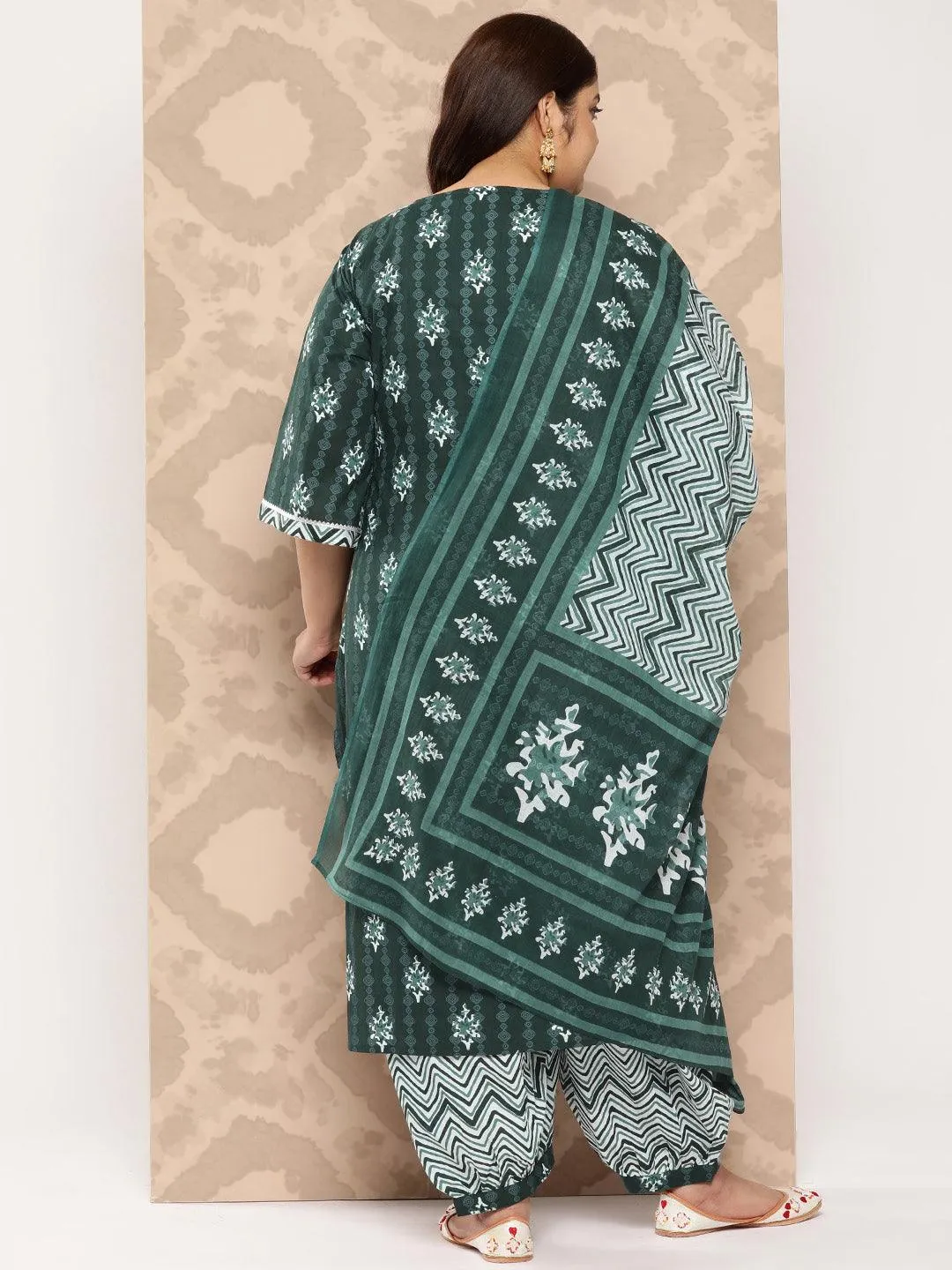 Green Yoke Design Cotton Straight Kurta With Salwar and Dupatta