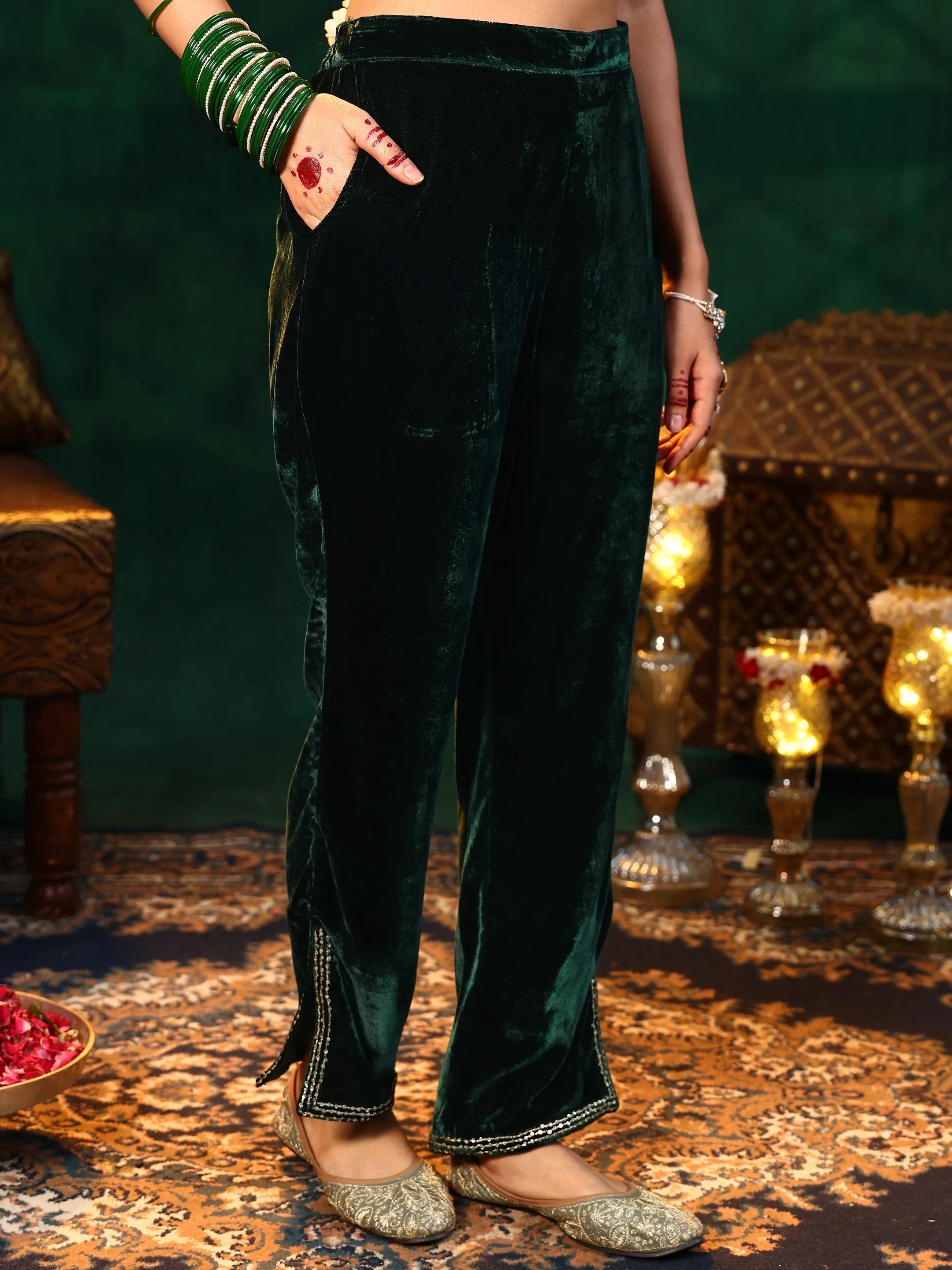 Green Yoke Design Velvet A-Line Kurta With Trousers & Dupatta