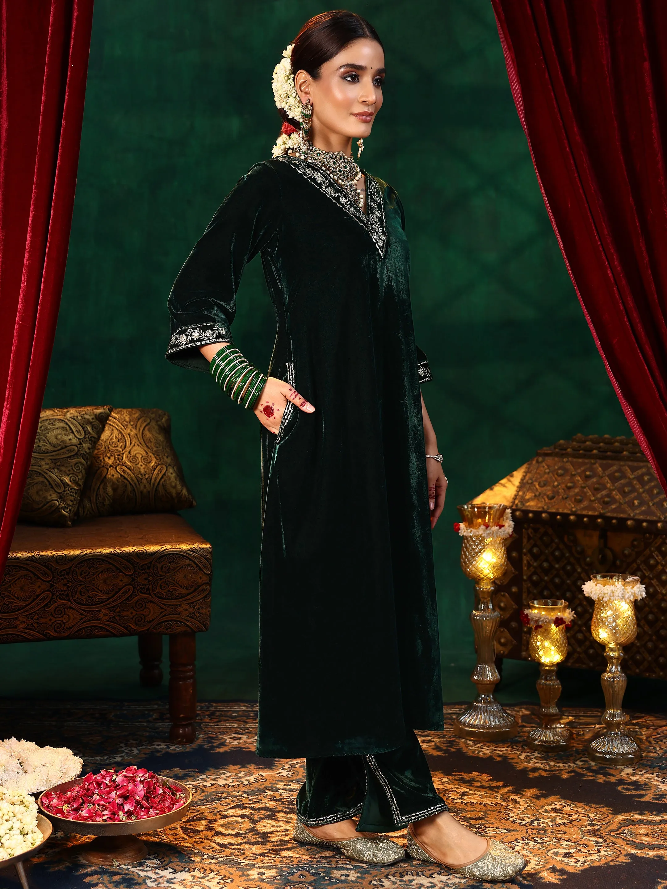 Green Yoke Design Velvet A-Line Kurta With Trousers & Dupatta