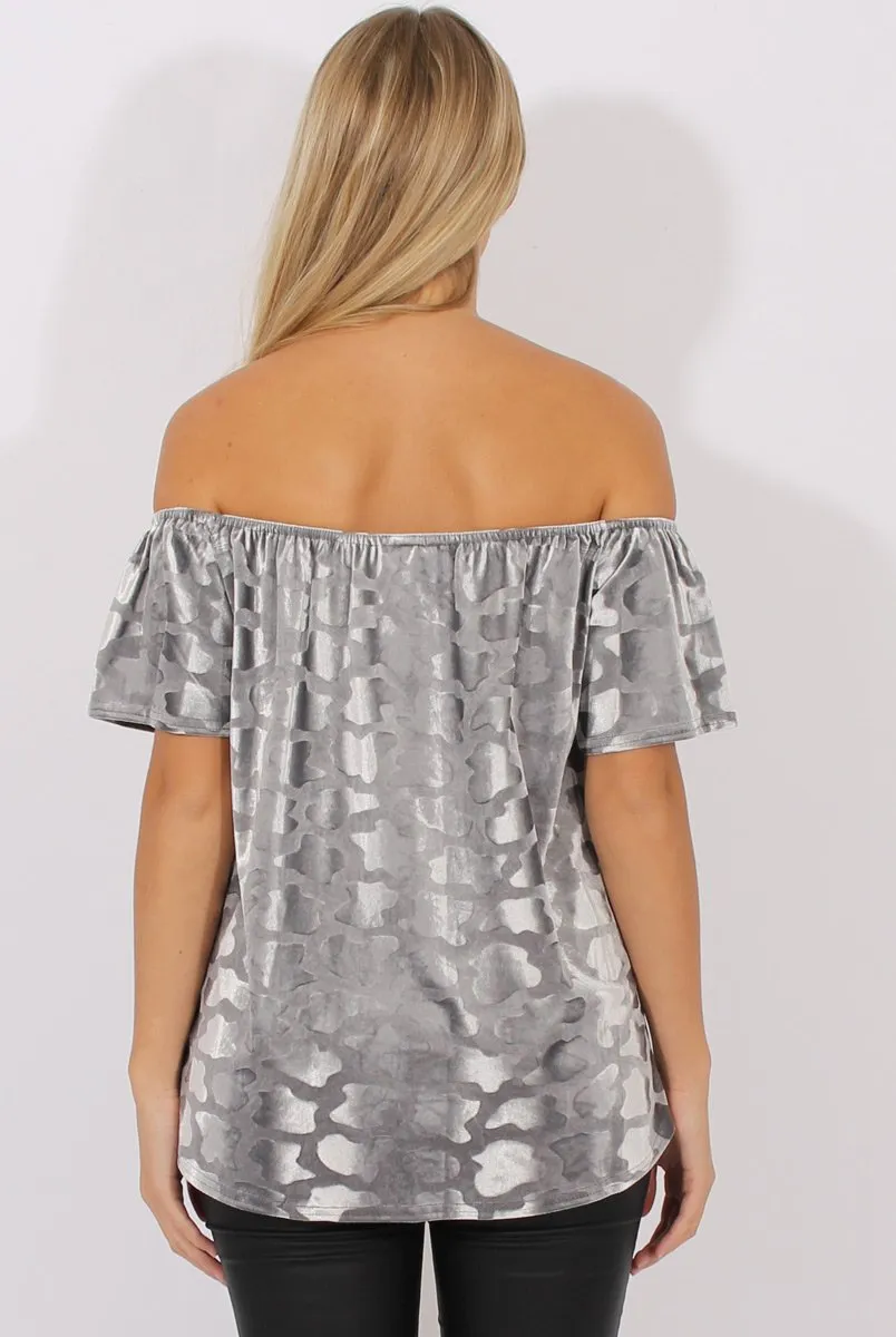 Grey Crushed Velvet Dipped Hem Bardot Top - Eva