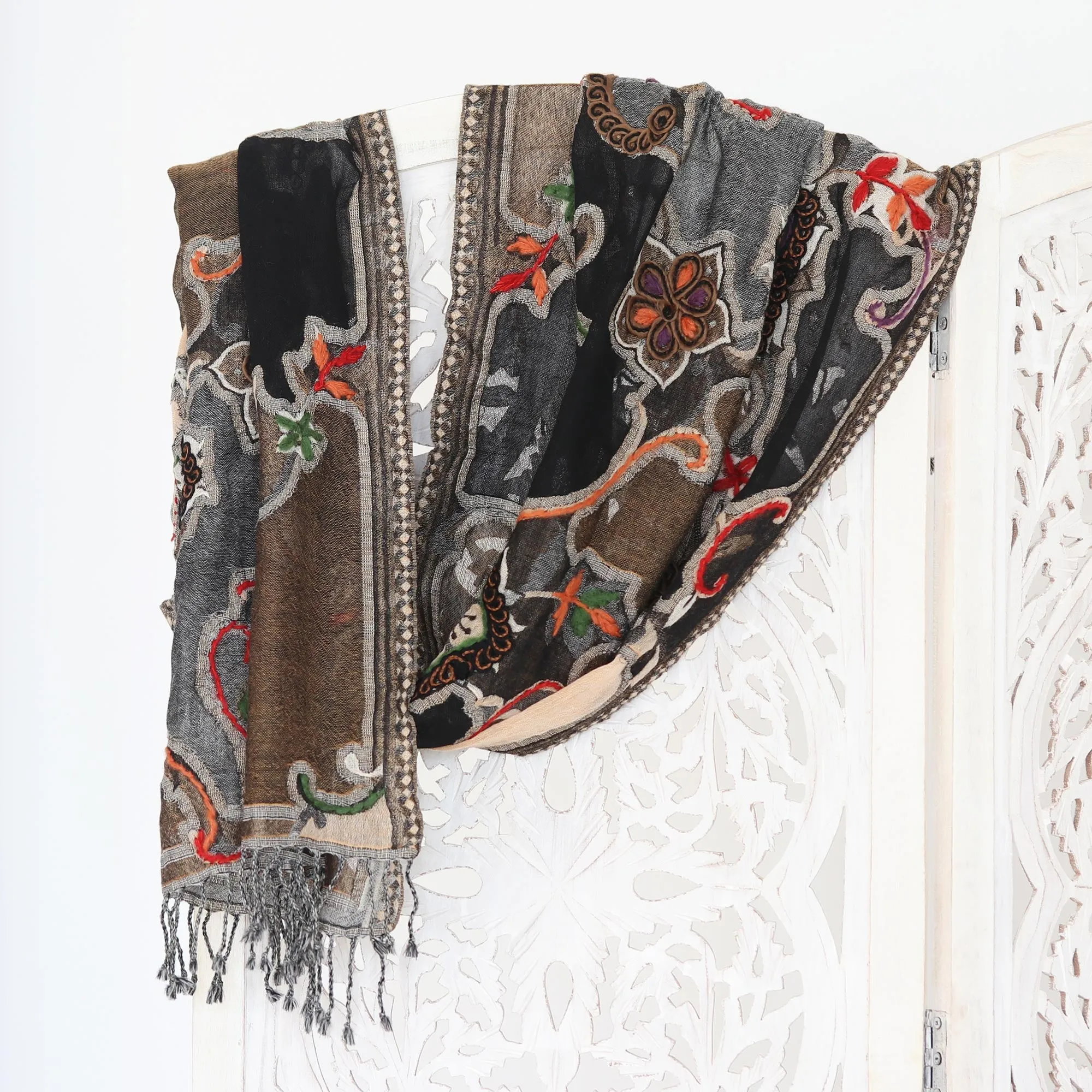 Hand-Embroidered Wool Shawl with Floral Motif - Fall Weather | NOVICA