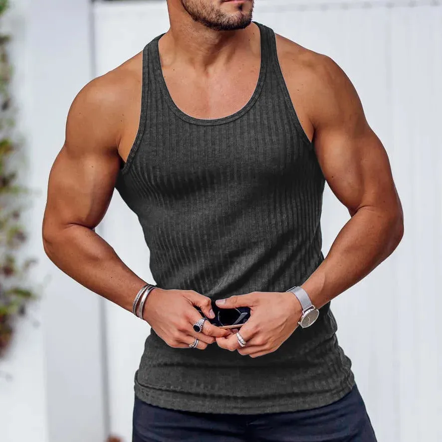 Hnzxzm Summer Knitted Vertical Stripe Fitness Sports Tank Top Men Solid Round Neck Casual Daily Vintage Basic Quick Dry Sleeveless Vest