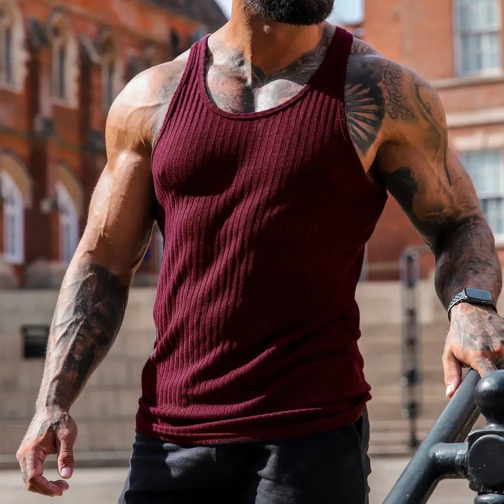 Hnzxzm Summer Knitted Vertical Stripe Fitness Sports Tank Top Men Solid Round Neck Casual Daily Vintage Basic Quick Dry Sleeveless Vest