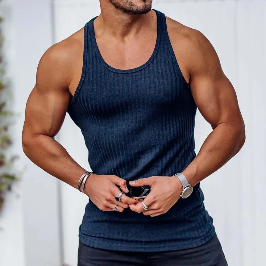 Hnzxzm Summer Knitted Vertical Stripe Fitness Sports Tank Top Men Solid Round Neck Casual Daily Vintage Basic Quick Dry Sleeveless Vest