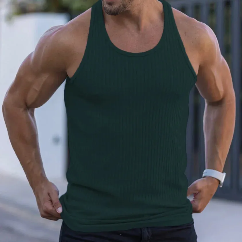 Hnzxzm Summer Knitted Vertical Stripe Fitness Sports Tank Top Men Solid Round Neck Casual Daily Vintage Basic Quick Dry Sleeveless Vest