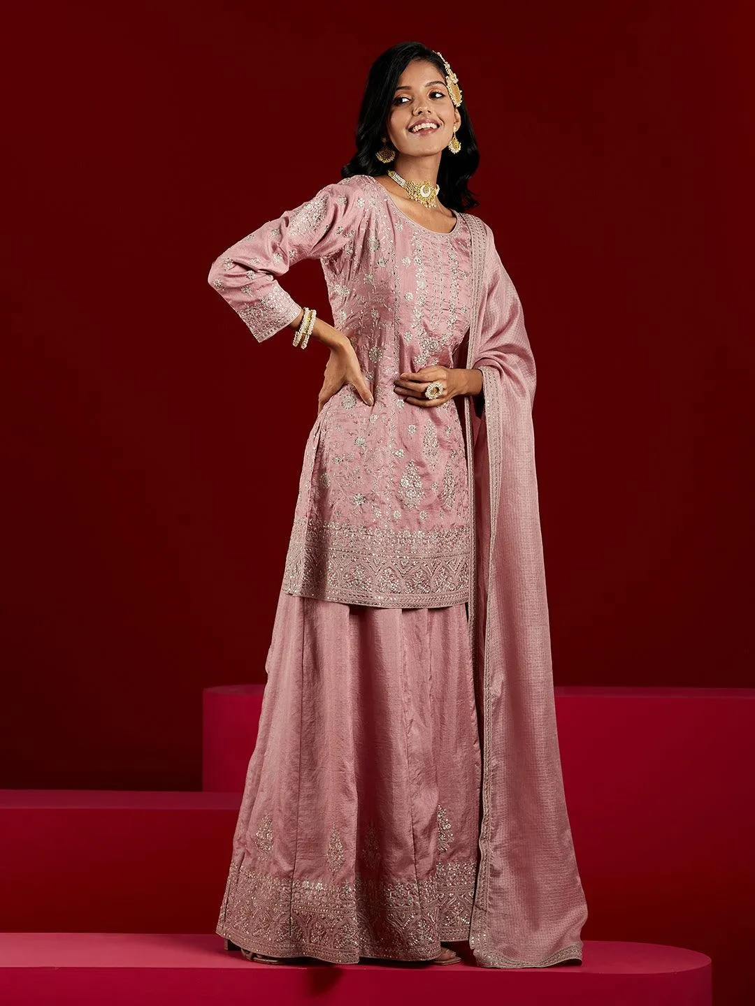 Jashvi Art Dusty Pink Embroidered Silk A-Line Sharara Suit Set With Dupatta