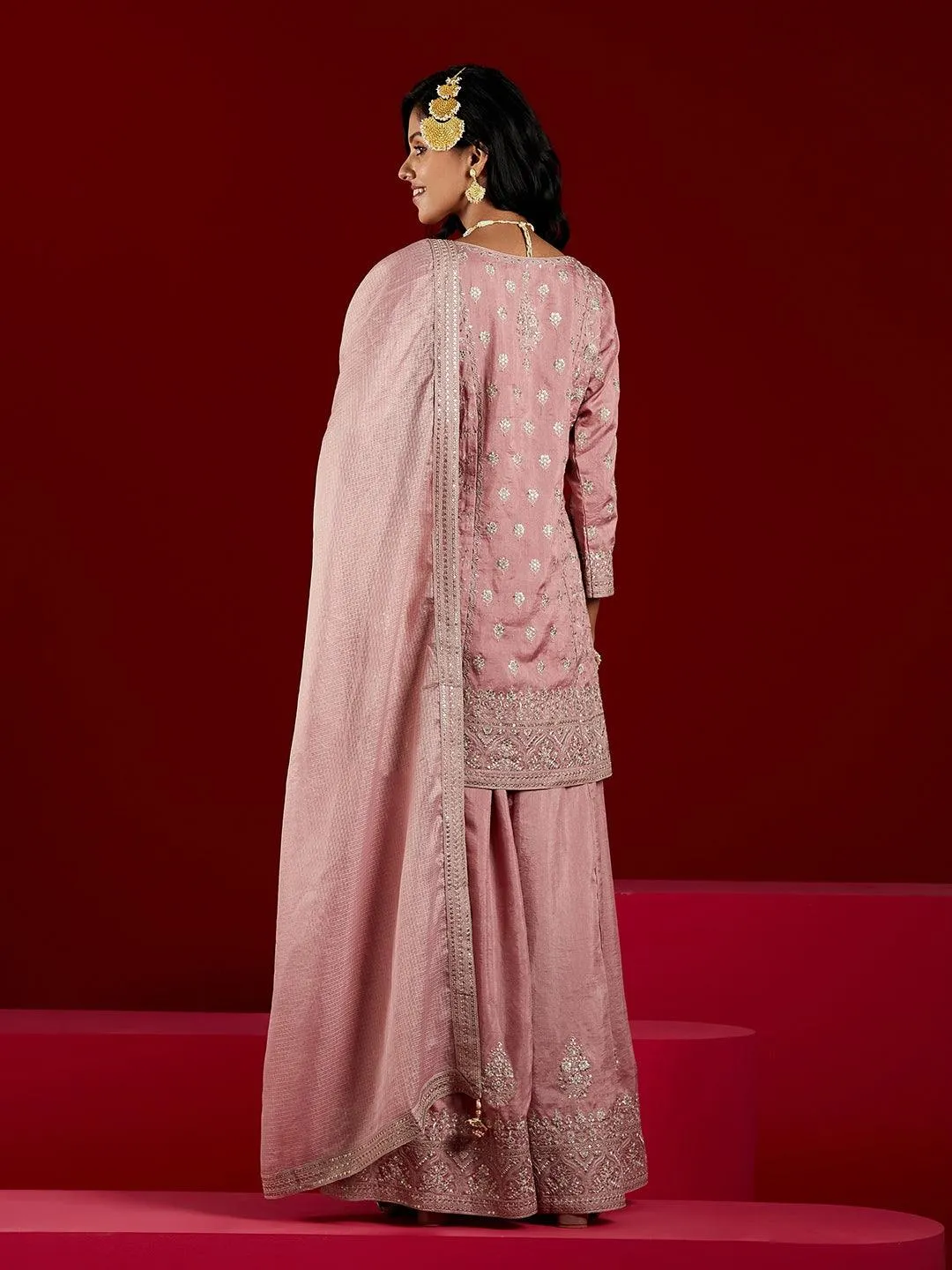 Jashvi Art Dusty Pink Embroidered Silk A-Line Sharara Suit Set With Dupatta