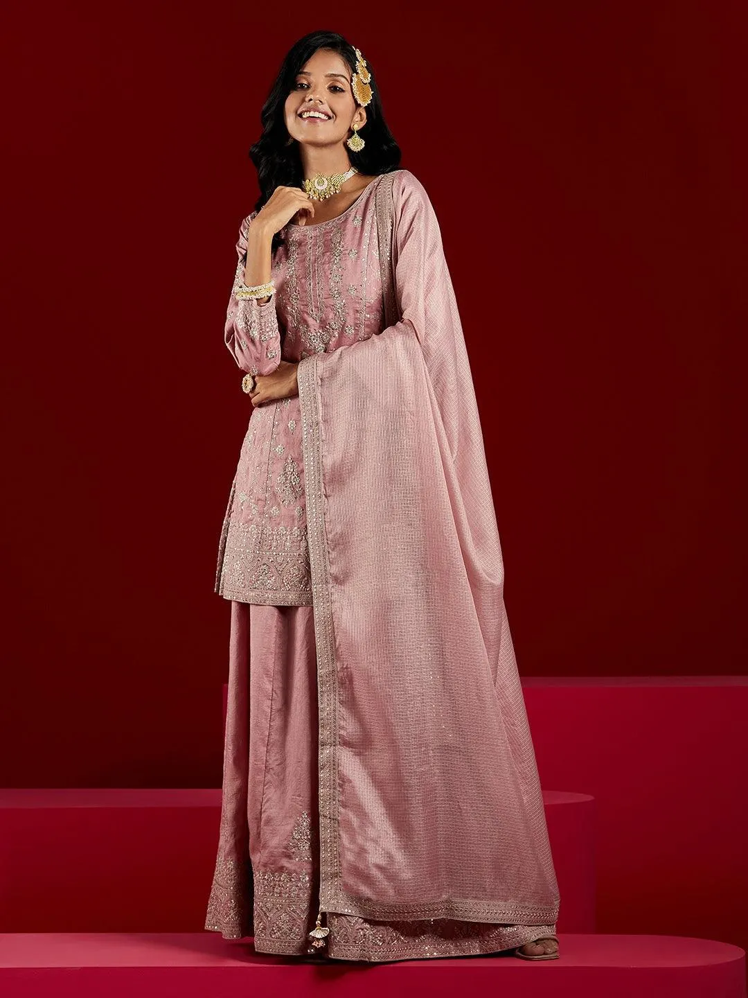 Jashvi Art Dusty Pink Embroidered Silk A-Line Sharara Suit Set With Dupatta