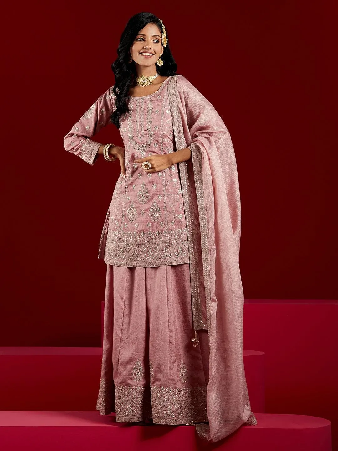 Jashvi Art Dusty Pink Embroidered Silk A-Line Sharara Suit Set With Dupatta