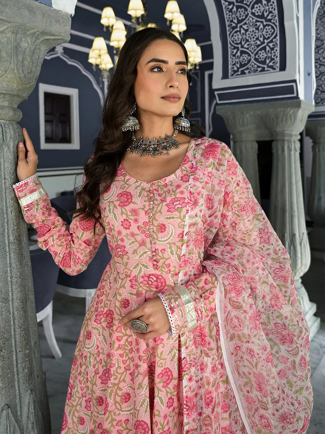 Jashvi Pink Floral Hand Block Printed Anarkali Kurta Trouser with Dupatta Set