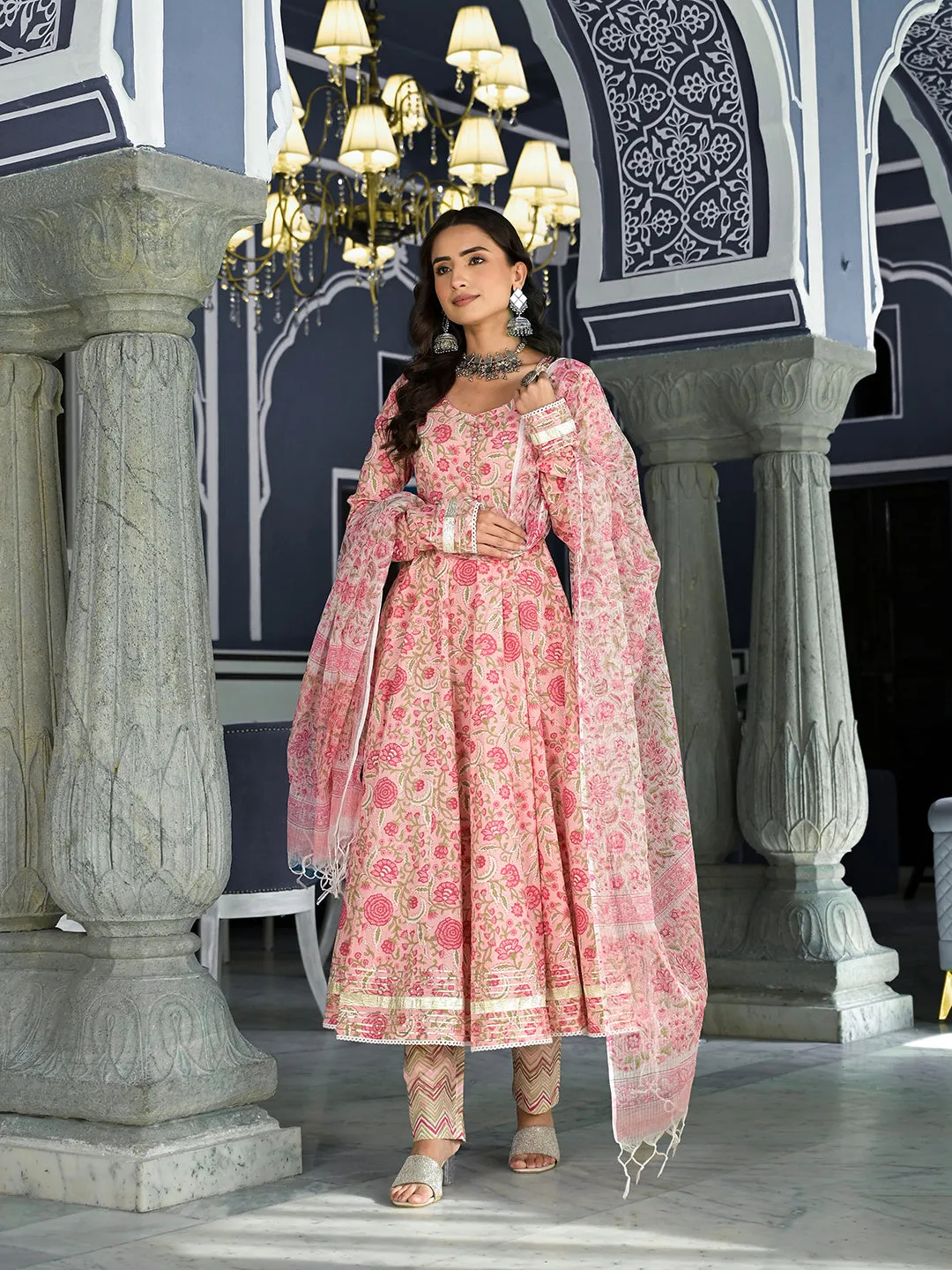 Jashvi Pink Floral Hand Block Printed Anarkali Kurta Trouser with Dupatta Set