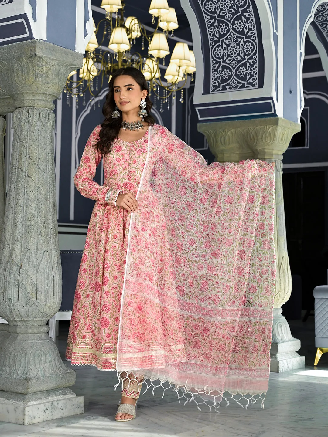 Jashvi Pink Floral Hand Block Printed Anarkali Kurta Trouser with Dupatta Set