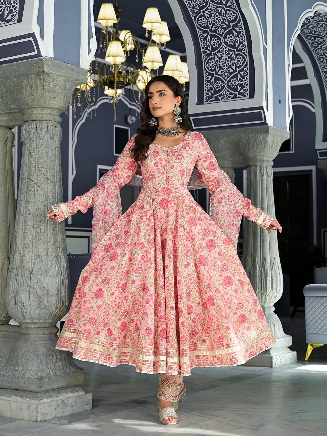 Jashvi Pink Floral Hand Block Printed Anarkali Kurta Trouser with Dupatta Set