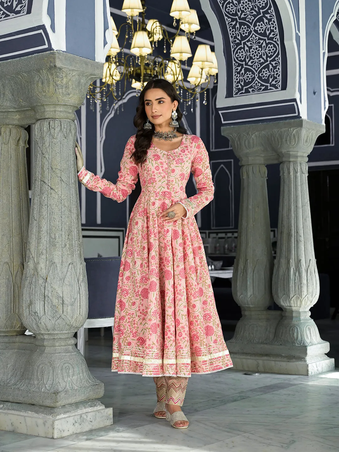 Jashvi Pink Floral Hand Block Printed Anarkali Kurta Trouser with Dupatta Set