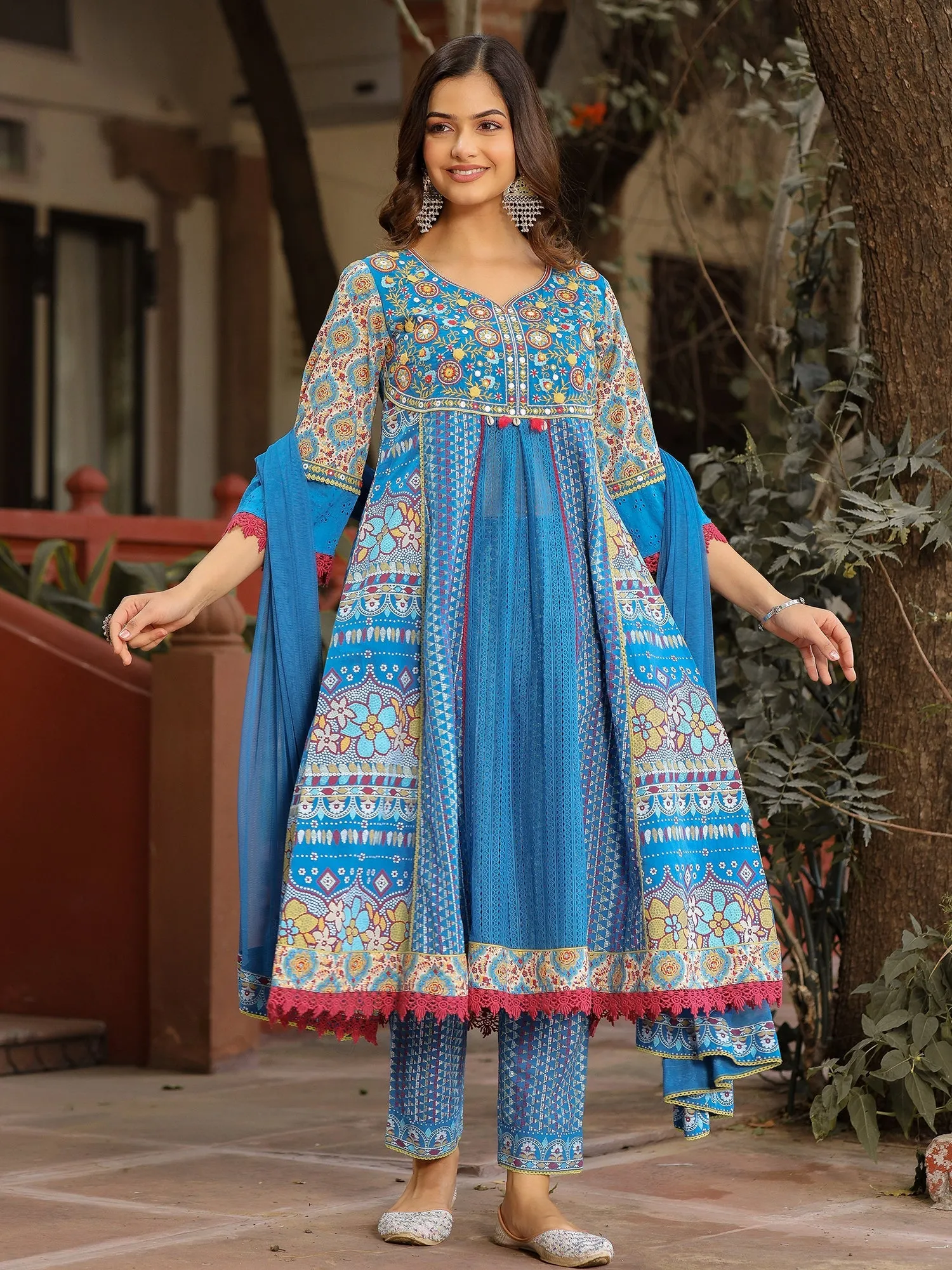 Jashvi Sujani Blue Cotton & Net Floral Printed & Embroidered Panelled Kurta With Pants And Dupatta Set