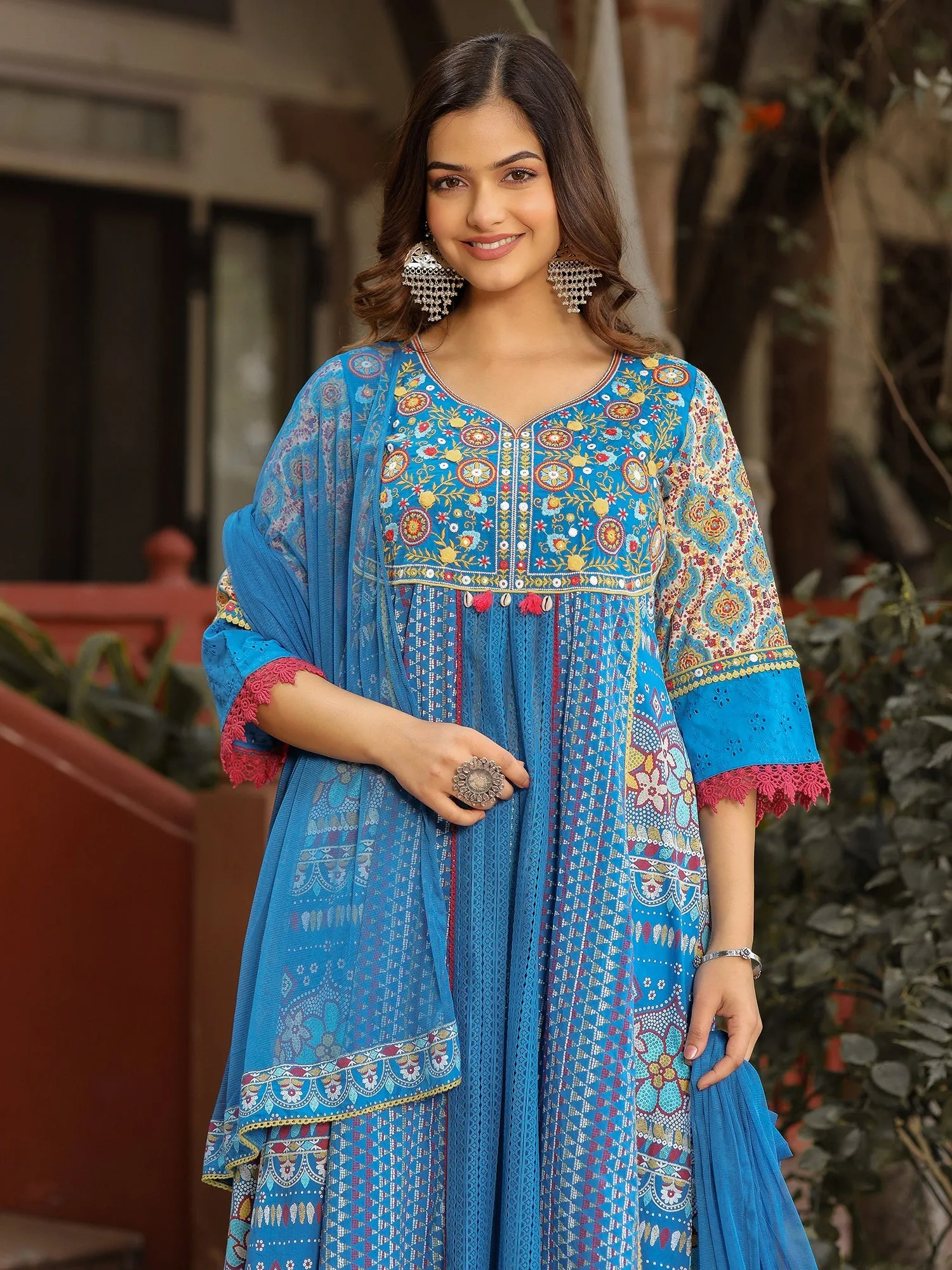 Jashvi Sujani Blue Cotton & Net Floral Printed & Embroidered Panelled Kurta With Pants And Dupatta Set