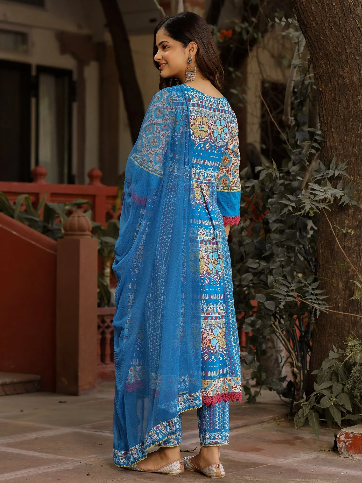 Jashvi Sujani Blue Cotton & Net Floral Printed & Embroidered Panelled Kurta With Pants And Dupatta Set