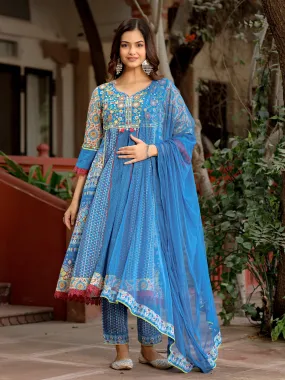 Jashvi Sujani Blue Cotton & Net Floral Printed & Embroidered Panelled Kurta With Pants And Dupatta Set