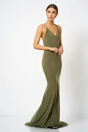 Khaki Cross Back Fishtail Maxi Dress