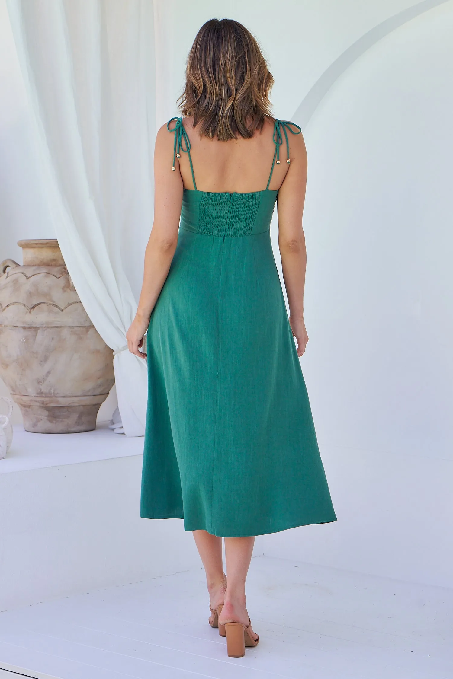 Laurel Faux Linen Green Midi Dress