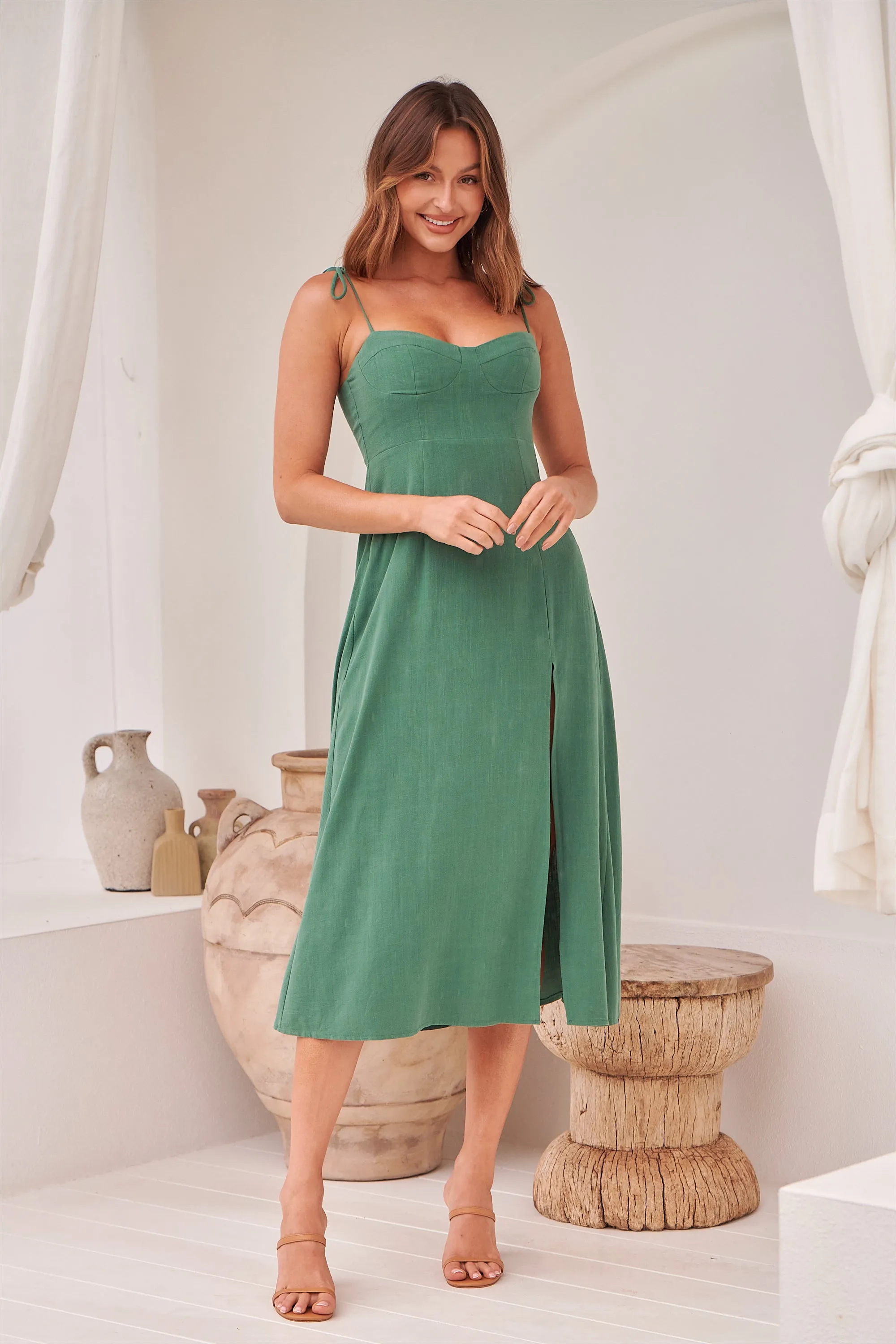 Laurel Faux Linen Green Midi Dress