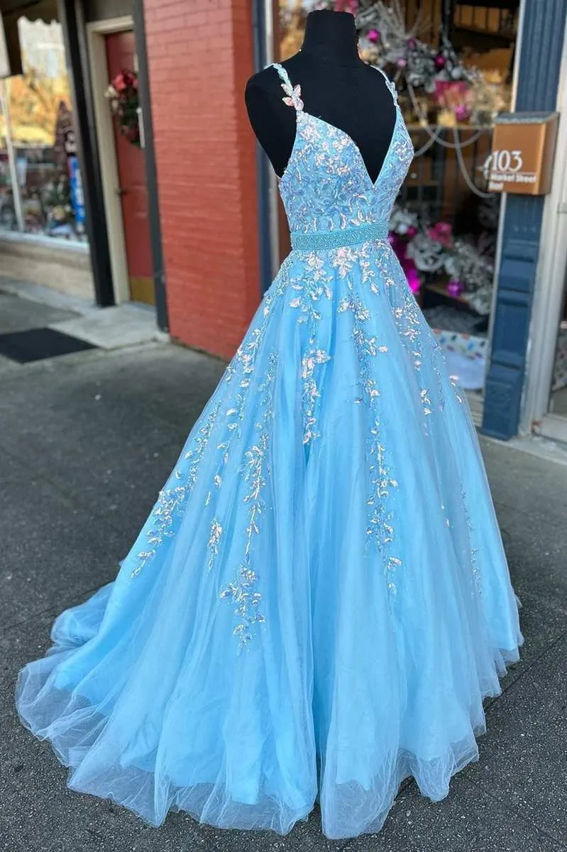 Light Blue Prom Dress Appliques V-Neck Belted A-Line Evening Dress