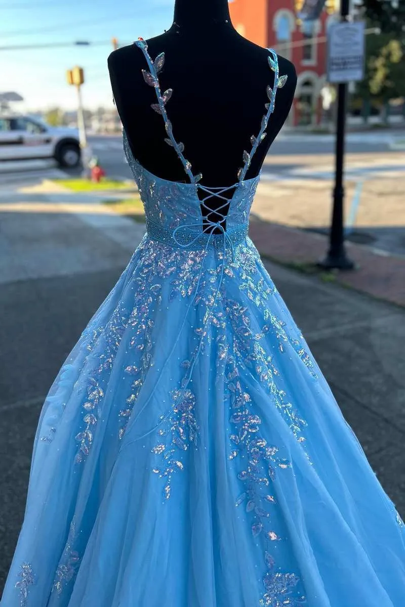 Light Blue Prom Dress Appliques V-Neck Belted A-Line Evening Dress