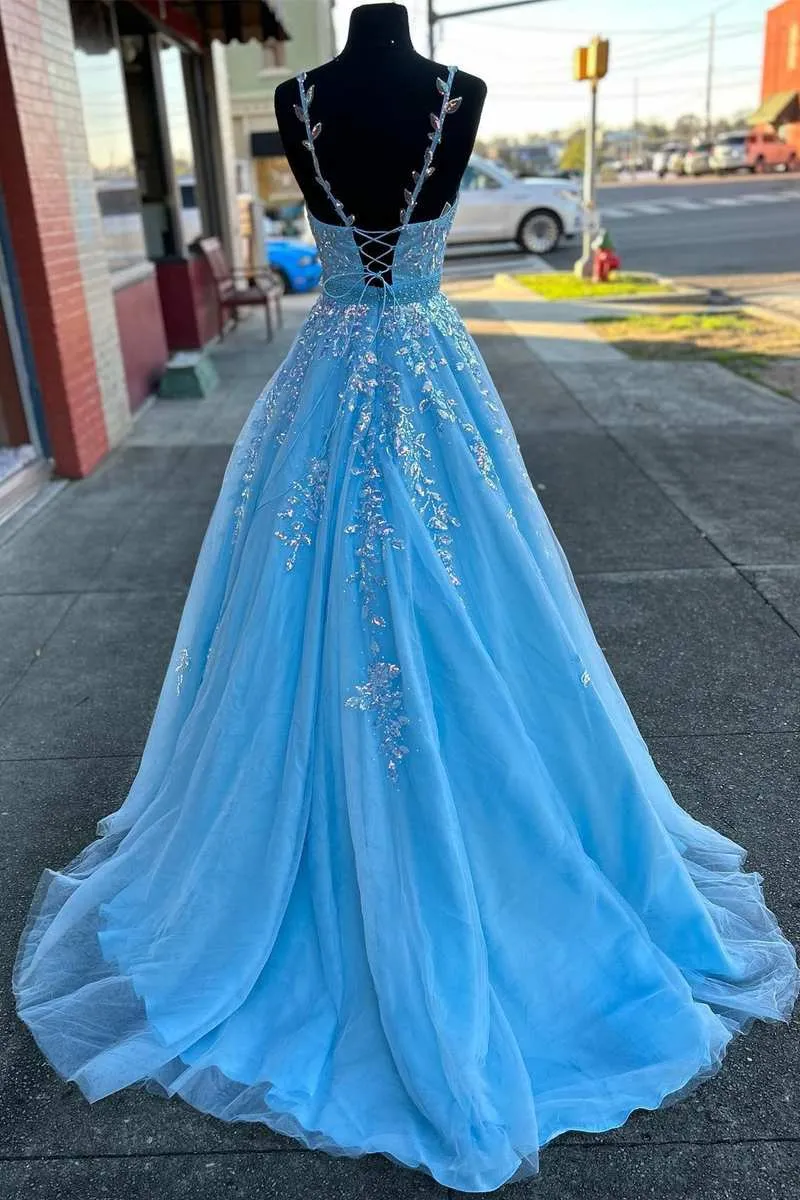 Light Blue Prom Dress Appliques V-Neck Belted A-Line Evening Dress