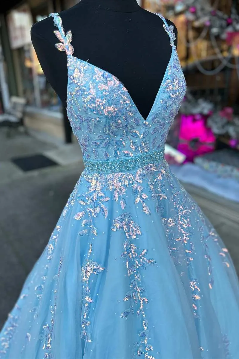 Light Blue Prom Dress Appliques V-Neck Belted A-Line Evening Dress