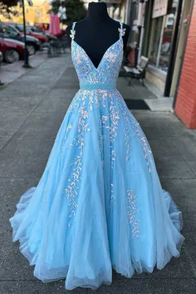 Light Blue Prom Dress Appliques V-Neck Belted A-Line Evening Dress