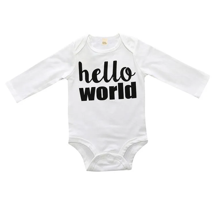 Long Sleeved cotton baby boy hello world letters geometric pattern suit 3pcs(Jumpsuit   pants   hat)