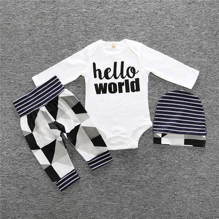 Long Sleeved cotton baby boy hello world letters geometric pattern suit 3pcs(Jumpsuit   pants   hat)