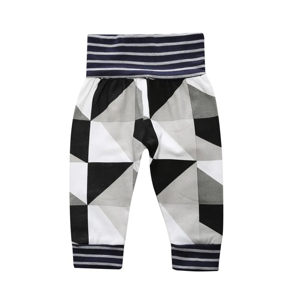 Long Sleeved cotton baby boy hello world letters geometric pattern suit 3pcs(Jumpsuit   pants   hat)