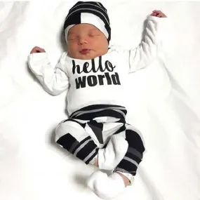 Long Sleeved cotton baby boy hello world letters geometric pattern suit 3pcs(Jumpsuit   pants   hat)