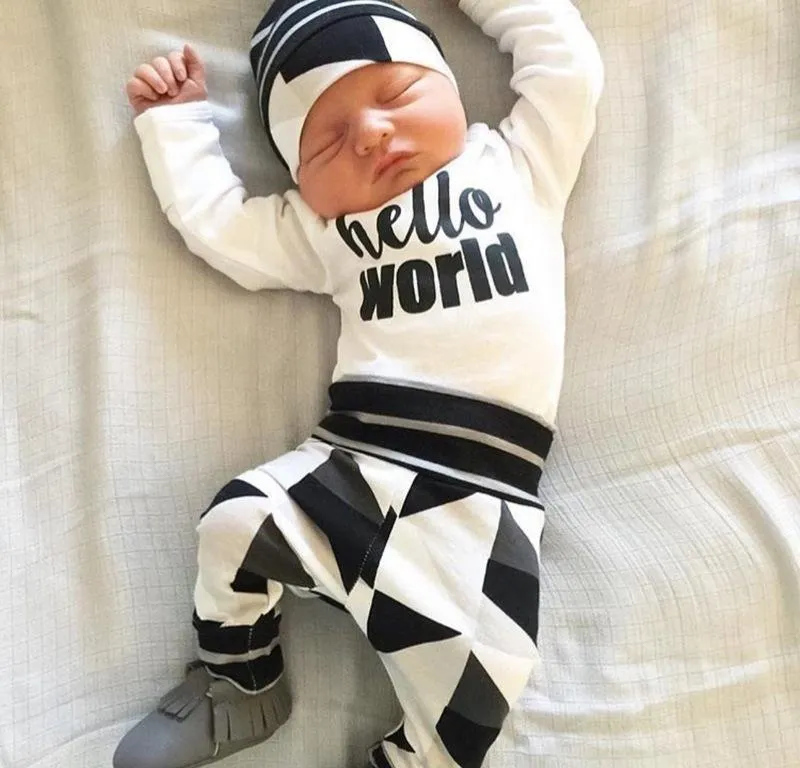 Long Sleeved cotton baby boy hello world letters geometric pattern suit 3pcs(Jumpsuit   pants   hat)