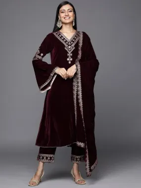 Maroon Embroidered Velvet A-Line Kurta With Trousers & Dupatta