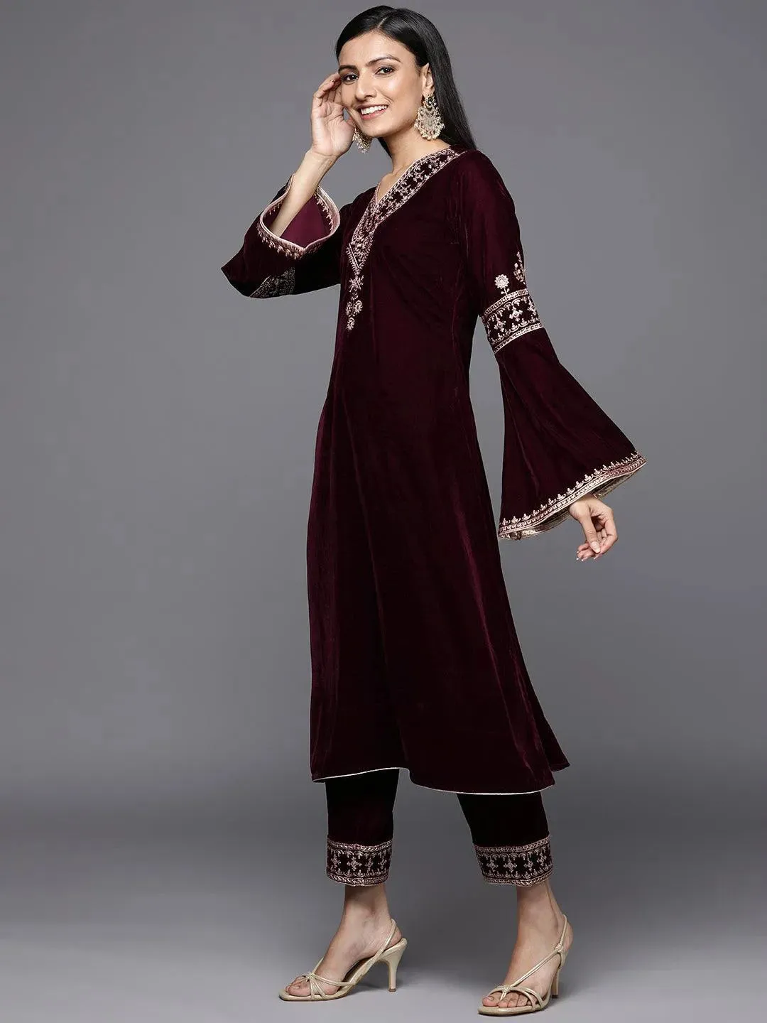 Maroon Embroidered Velvet A-Line Kurta With Trousers & Dupatta