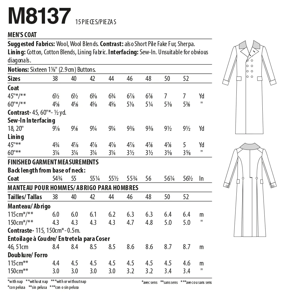 McCall's 8137 COSTUME |  Men's Overcoat Pattern